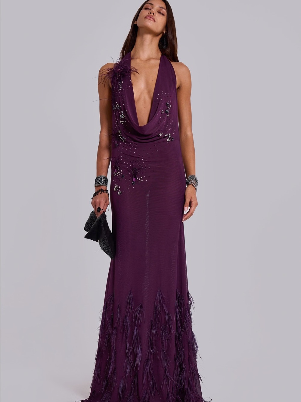 ISOOOOOO Jaded London Plum Halter Maxi Gown with Feather Trim